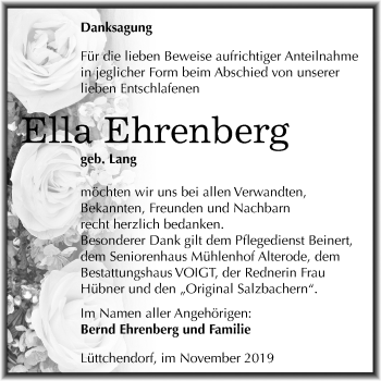 Traueranzeige von Ella Ehrenberg von Super Sonntag Mansfelder Land