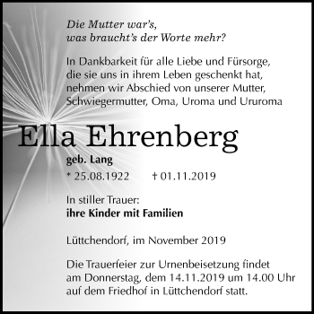 Traueranzeige von Ella Ehrenberg von Super Sonntag Mansfelder Land