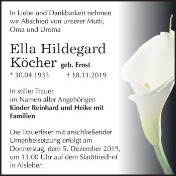 Traueranzeige von Ella Hildegard Köcher von Super Sonntag Bernburg