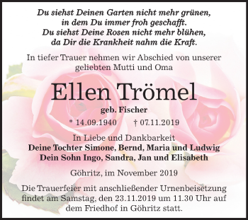 Traueranzeige von Ellen Trömel von Super Sonntag Merseburg/Querfurt