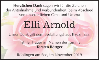 Traueranzeige von Elli Arnold von Mitteldeutsche Zeitung Mansfelder Land