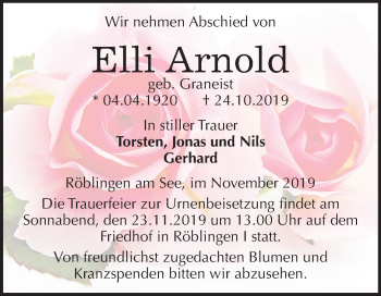 Traueranzeige von Elli Arnold von Mitteldeutsche Zeitung Mansfelder Land