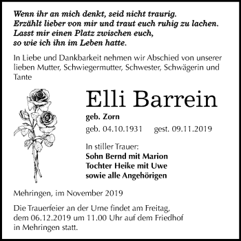 Traueranzeige von Elli Barrein von Super Sonntag Aschersleben