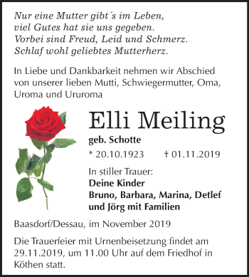 Traueranzeige von Elli Meiling von Super Sonntag Köthen