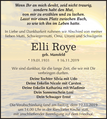 Traueranzeige von Elli Roye von Super Sonntag Köthen