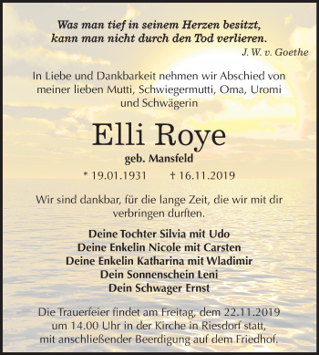Traueranzeige von Elli Roye von Mitteldeutsche Zeitung Köthen