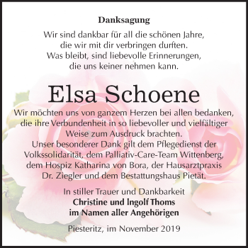 Traueranzeige von Elsa Schoene von Mitteldeutsche Zeitung Wittenberg