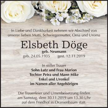 Traueranzeige von Elsbeth Döge von Mitteldeutsche Zeitung Wittenberg
