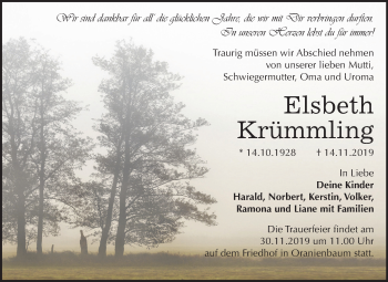 Traueranzeige von Elsbeth Krümmling von Super Sonntag Wittenberg