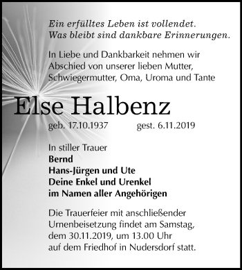 Traueranzeige von Else Halbenz von Super Sonntag Wittenberg