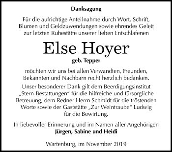 Traueranzeige von Else Hoyer von Mitteldeutsche Zeitung Wittenberg