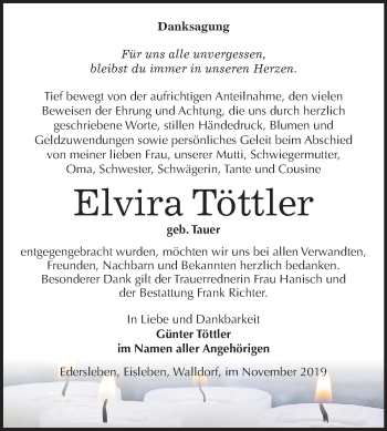 Traueranzeige von Elvira Töttler von Super Sonntag Sangerhausen