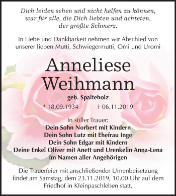 Traueranzeige von Enneliese Weihmann von Wochenspiegel Köthen