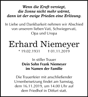 Traueranzeige von Erhard Niemeyer von Super Sonntag Quedlinburg