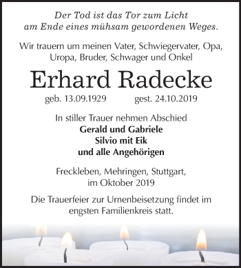 Traueranzeige von Erhard Radecke von Super Sonntag Aschersleben