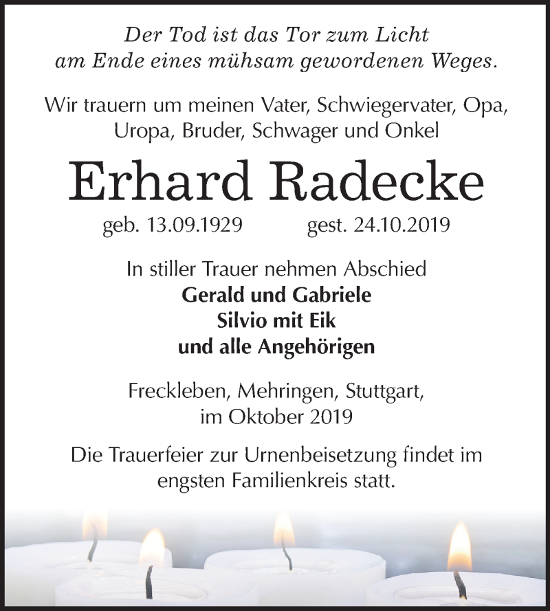  Traueranzeige für Erhard Radecke vom 02.11.2019 aus Super Sonntag Aschersleben