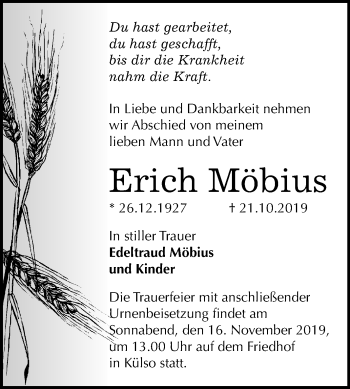 Traueranzeige von Erich Möbius von Super Sonntag Wittenberg