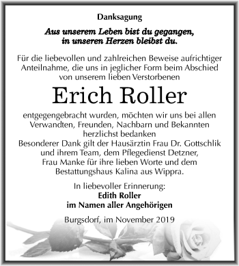 Traueranzeige von Erich Roller von Wochenspiegel Mansfelder Land