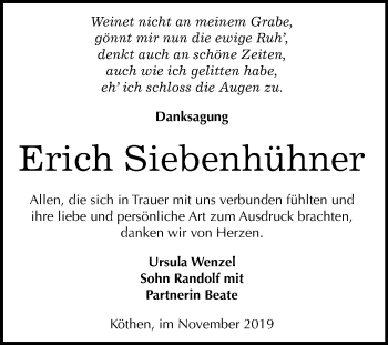 Traueranzeige von Erich Siebenhühner von Super Sonntag Köthen