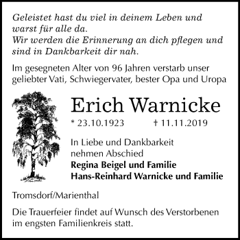 Traueranzeige von Erich Warnicke von Wochenspiegel Naumburg/Nebra
