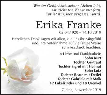 Traueranzeige von Erika Franke von Wochenspiegel Naumburg/Nebra