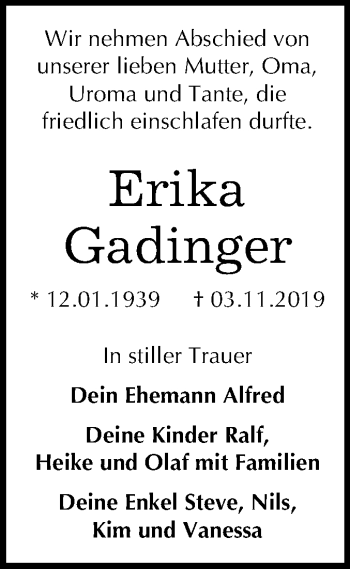 Traueranzeige von Erika Gadinger von Super Sonntag Wittenberg
