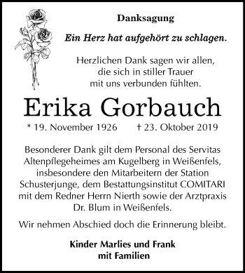 Traueranzeige von Erika Gorbauch von Wochenspiegel Weißenfels