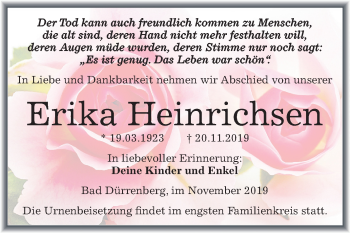 Traueranzeige von Erika Heinrichsen von Mitteldeutsche Zeitung Merseburg/Querfurt