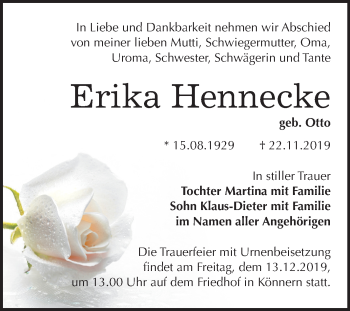 Traueranzeige von Erika Hennecke von Super Sonntag Bernburg