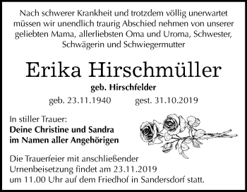 Traueranzeige von Erika Hirschmüller von Wochenspiegel Bitterfeld