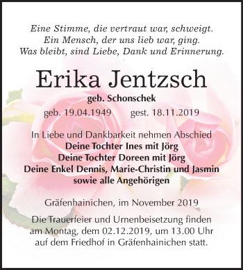 Traueranzeige von Erika Jentzsch von Mitteldeutsche Zeitung Wittenberg