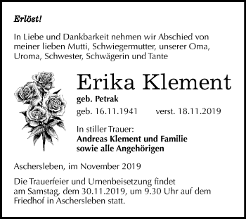 Traueranzeige von Erika Klement von Mitteldeutsche Zeitung Aschersleben