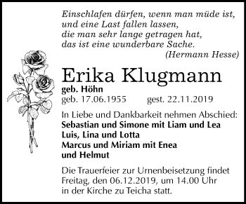 Traueranzeige von Erika Klugmann von Mitteldeutsche Zeitung Halle/Saalkreis