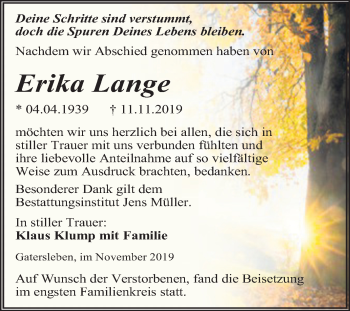 Traueranzeige von Erika Lange von Mitteldeutsche Zeitung Aschersleben