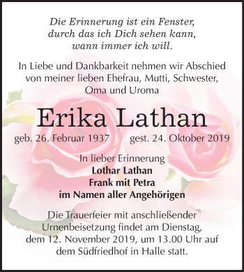Traueranzeige von Erika Lathan von Mitteldeutsche Zeitung Halle/Saalkreis