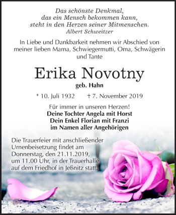 Traueranzeige von Erika Novotny von Mitteldeutsche Zeitung Bitterfeld