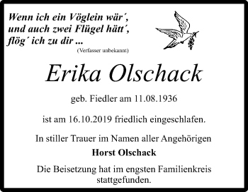 Traueranzeige von Erika Olschack von Super Sonntag Quedlinburg