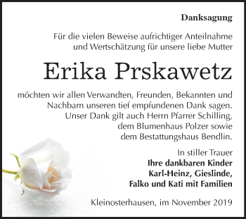 Traueranzeige von Erika Prskawetz von Super Sonntag Mansfelder Land