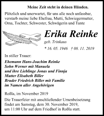 Traueranzeige von Erika Reinke von Wochenspiegel Sangerhausen