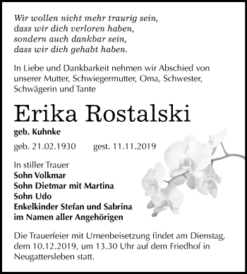 Traueranzeige von Erika Rostalski von Mitteldeutsche Zeitung Bernburg