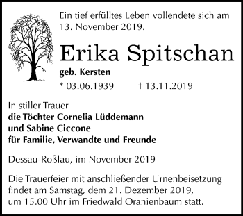 Traueranzeige von Erika Spitschan von Mitteldeutsche Zeitung Dessau-Roßlau
