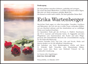 Traueranzeige von Erika Wartenberger von Mitteldeutsche Zeitung Wittenberg