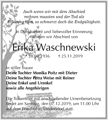 Traueranzeige von Erika Waschnewski von Mitteldeutsche Zeitung Bitterfeld