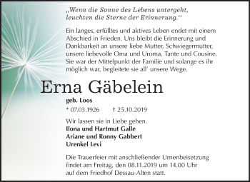 Traueranzeige von Erna Gäbelein von Mitteldeutsche Zeitung Dessau-Roßlau