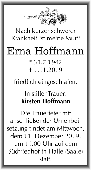 Traueranzeige von Erna Hoffmann von Mitteldeutsche Zeitung Halle/Saalkreis