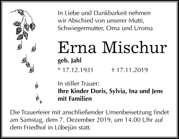 Traueranzeige von Erna Mischur von Mitteldeutsche Zeitung Halle/Saalkreis