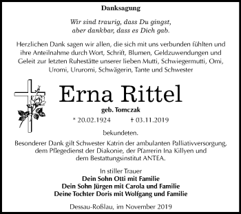 Traueranzeige von Erna Rittel von Mitteldeutsche Zeitung Dessau-Roßlau