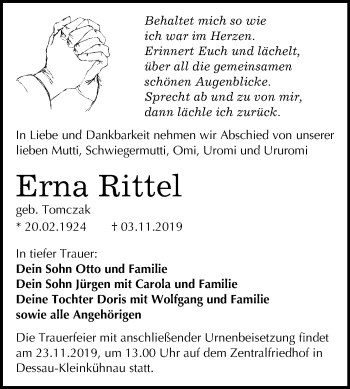Traueranzeige von Erna Rittel von Mitteldeutsche Zeitung Dessau-Roßlau