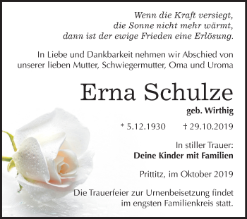 Traueranzeige von Erna Schulze von Wochenspiegel Weißenfels