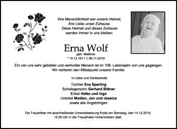 Traueranzeige von Erna Wolf von Wochenspiegel Weißenfels